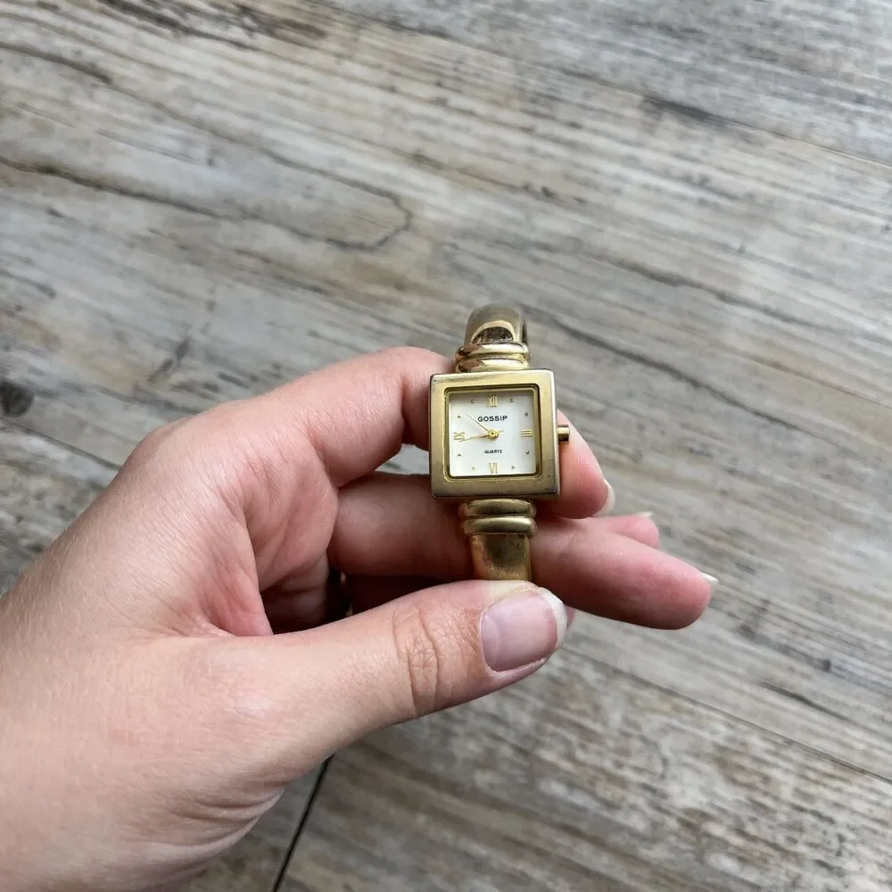 Gossip Vintage Watch Gold White Face Hinge Cuff Square Antique